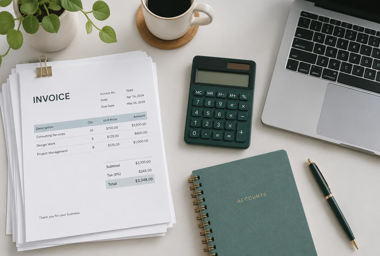 Mesa de trabalho com notas fiscais, calculadora e notebook