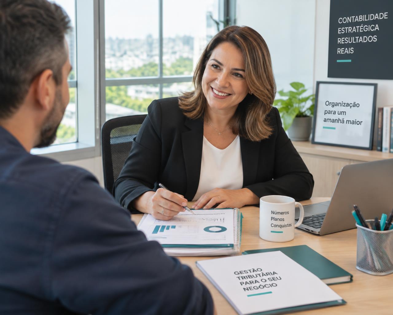 Contadora atendendo um cliente em escritório de contabilidade