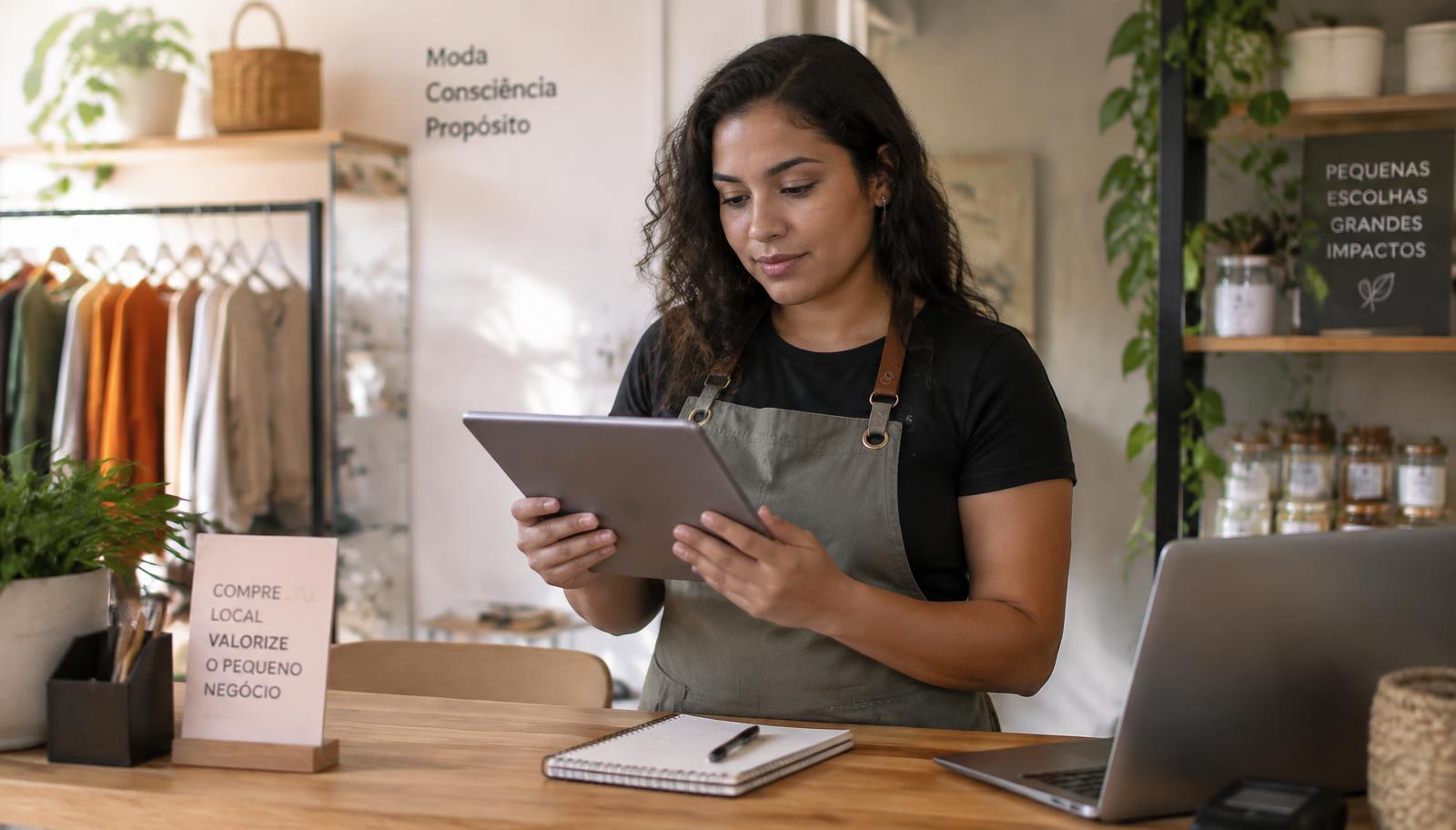 Empreendedora conferindo documentos do seu comércio em um tablet